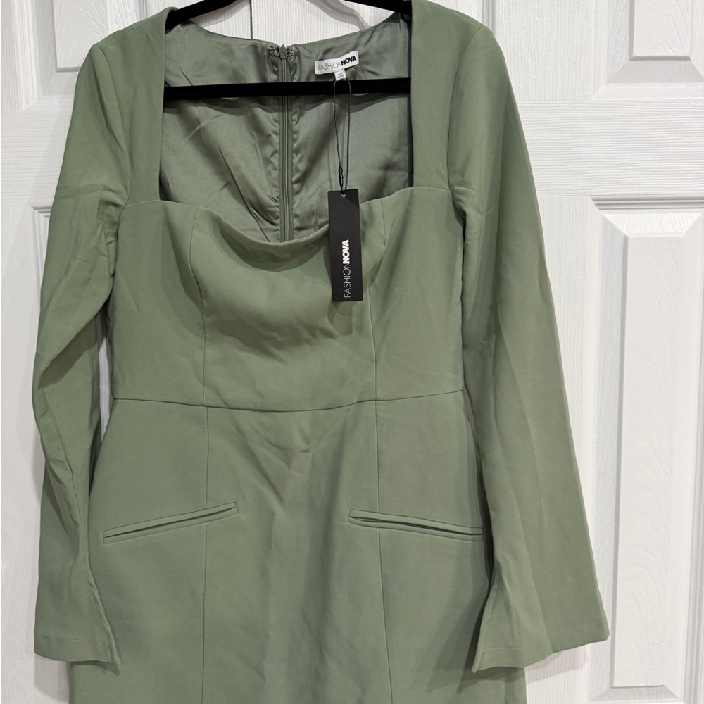 Fashion Nova Olive Green Long Sleeve Square Neck Dress